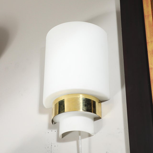 Off-white Pair of Mid-Century Modernist Minimal Frosted Glass & Brass Sconces For Sale - Image 8 of 13