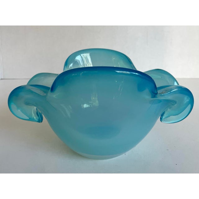 Mid-Century Modern Vintage Hand-Blown Aqua Opaline Art Glass Sculptural Bowl For Sale - Image 3 of 8