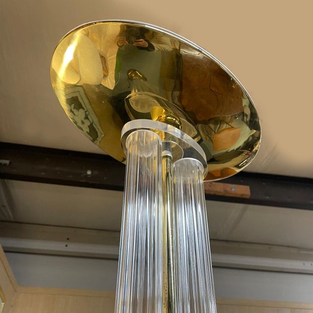 Art Deco 1980s Art Deco Inspired Clear Acrylic Lucite and Gold Brass Torchiere Floor Lamp For Sale - Image 3 of 12