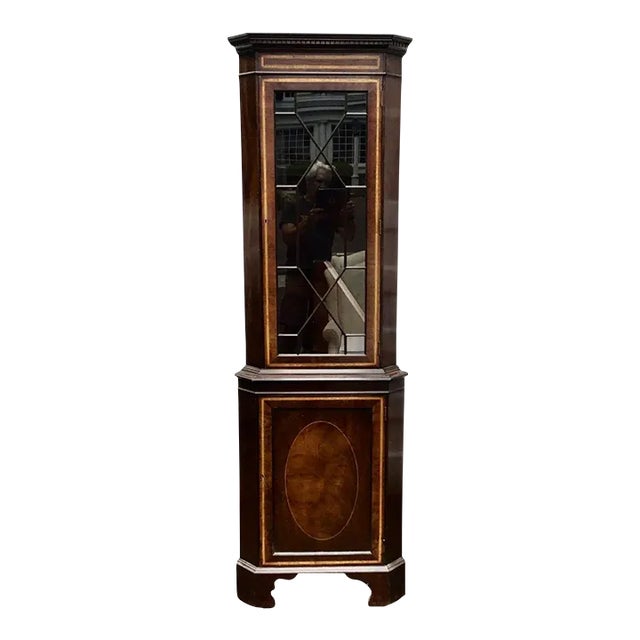Vintage George III Style Satinwood Inlaid Mahogany Corner Cabinet For Sale