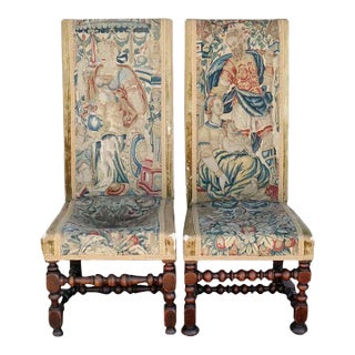 Two English Walnut and Flemish Tapestry Upholstered Tall Back Hall Chairs - a Pair For Sale