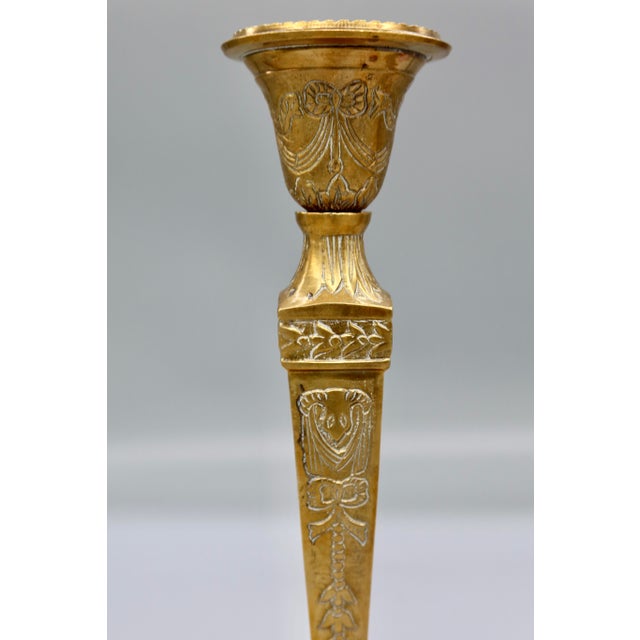 French Antique French Brass Candlesticks, Pair — Louis XVI Style Repousse, Early 20th Century For Sale - Image 3 of 9