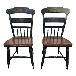 Pair of Vintage L Hitchcock Plank Bottom Dining Side Chairs Paint Decorated For Sale