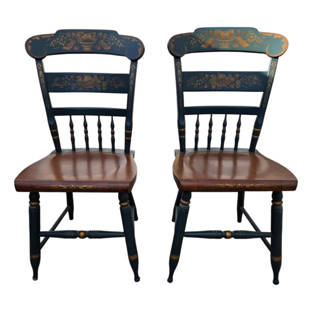 Pair of Vintage L Hitchcock Plank Bottom Dining Side Chairs Paint Decorated For Sale