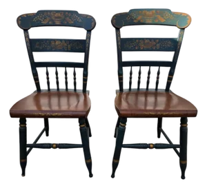 Pair of Vintage L Hitchcock Plank Bottom Dining Side Chairs Paint Decorated