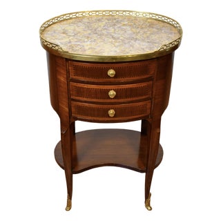 1910 French Louis XV Mahogany Inlay Marble Top Nightstand Bedside Table For Sale