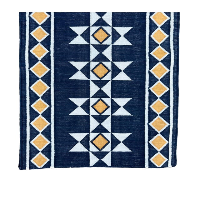 Handmade Cotton Navy Blue Geometric Runner Rug, Vegetable Dyed Dhurrie Runner -2.5'x16' For Sale - Image 10 of 11
