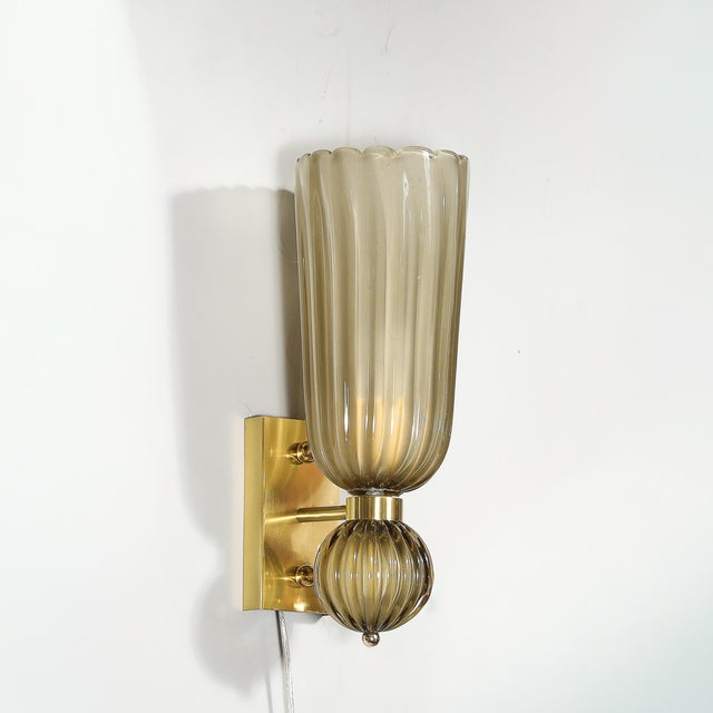 Pair of Modernist Hand-Blown Murano Fluted Glass Sconces in Frosted Smoked Topaz For Sale - Image 10 of 18