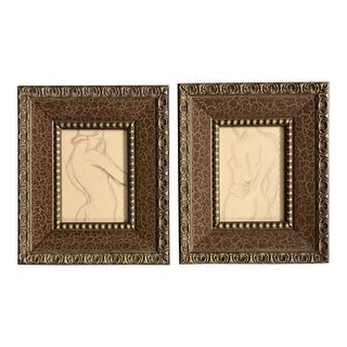 1940’s 2 Original Art Deco Female Nude Charcoal Study Drawings Ornate Frames-A Pair For Sale
