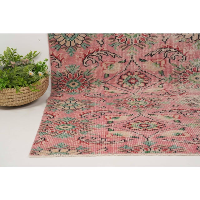 1970s 1970s Vintage Turkish Handmade Wool Cotton Pink Area Rug For Sale - Image 5 of 12