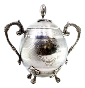 Sugar Bowl in Guilloche Silver with Knob Lid, Acanthus Leaves, Dragon Relief Handles and Claw-Shaped Feet