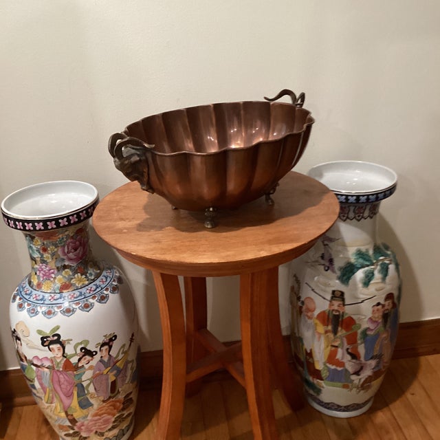 Vintage Scalloped Brass Jardinière Centerpiece Figural Ram Goat Head Handles For Sale - Image 12 of 12