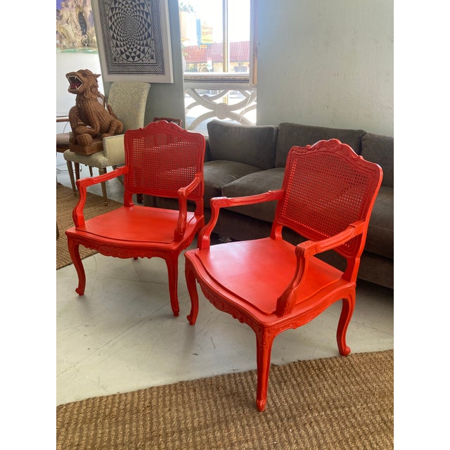 18th Century Louis XV Fauteuils in Hollywood Regency Coral- A Pair For Sale - Image 4 of 14