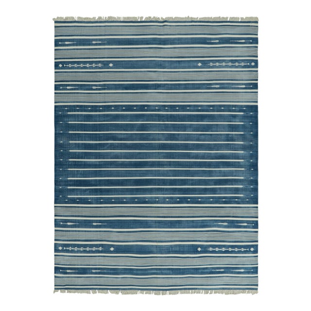 Rug & Kilim's Contemporary Dhurrie Rug in Blue and Off-White Stripes - 12x18 For Sale
