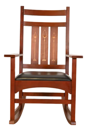 Stickley Harvey Ellis Collection Mission Arts & Crafts Inlaid Cherry Wood and Leather Rocking Chair