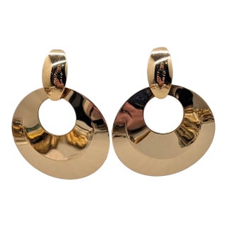 Vintage 1970s Signed Napier Huge Modernist Goldtone Hoop Clip Earrings-2 Pieces For Sale