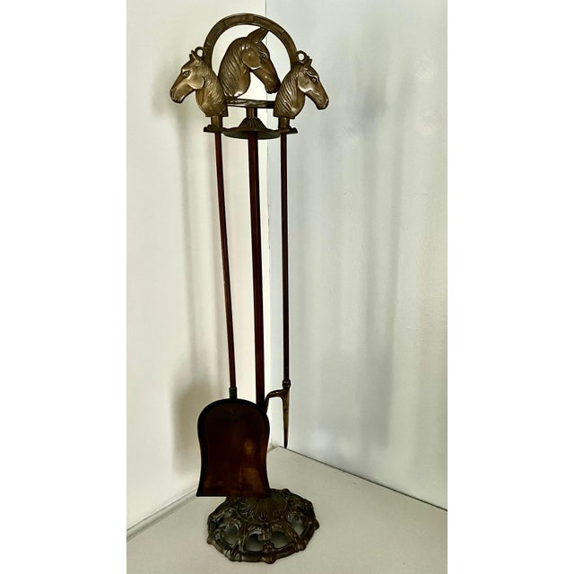 Solid Brass Fireplace Tools with Horse Head Handles & Stand - Set of 3 For Sale - Image 9 of 12