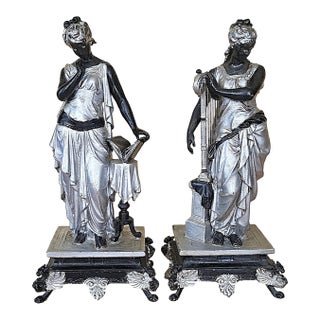 19th-Century Victorian Spelter Greek Muse & Classical Maiden Statues – Pair For Sale