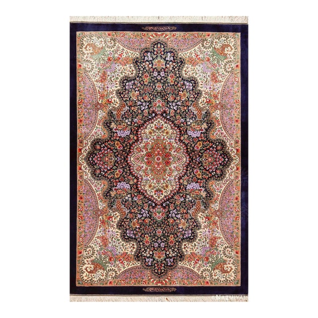 Nazmiyal Collection Vintage Floral Persian Silk Qum Rug For Sale