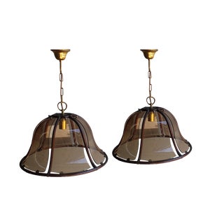 Italian Hanging Lamps in Bamboo and Curved Crystal, 1970s, Set of 2 For Sale