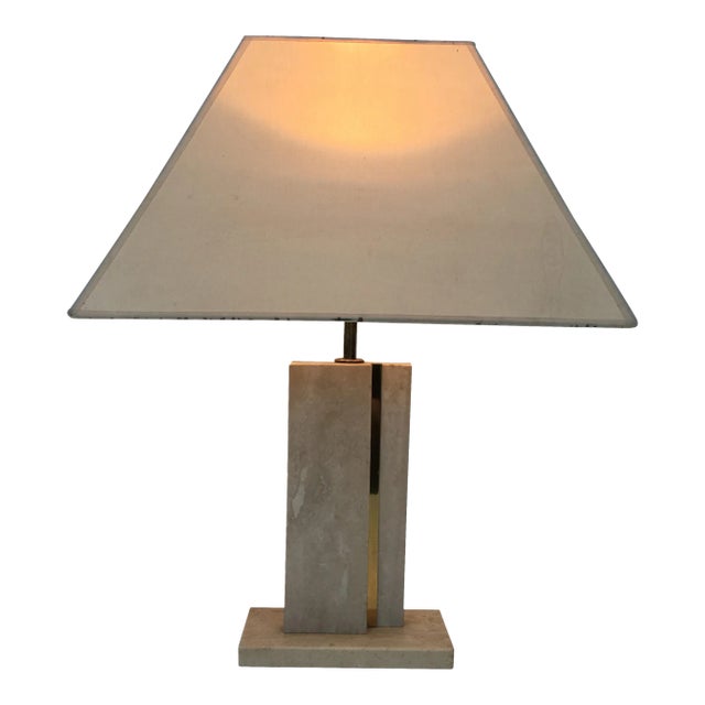 Travertine and Brass Table Lamp with Original Shade, French, circa 1970 For Sale