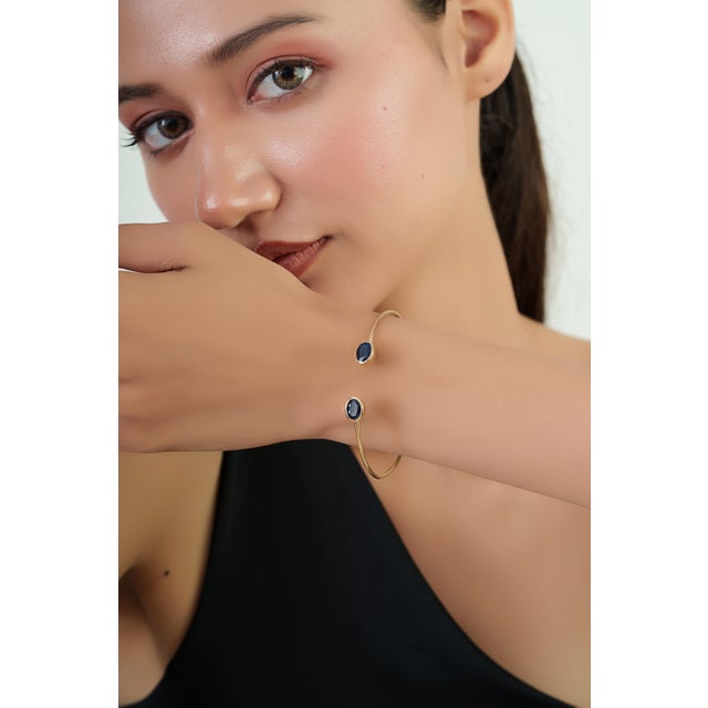 Not Yet Made - Made To Order 3.08 Carat Blue Sapphire Open Cuff Bangle Bracelet in 14k Yellow Gold For Sale - Image 5 of 16