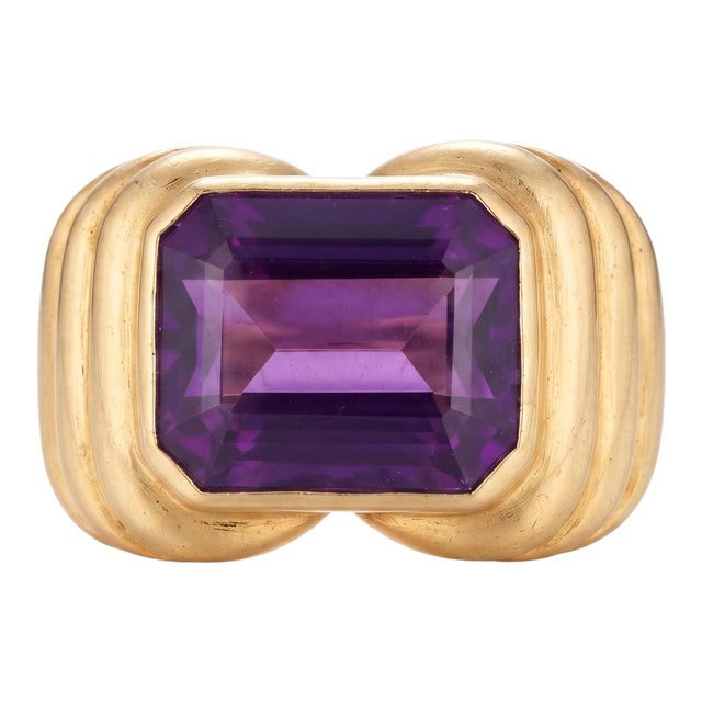 6 Carat Emerald Cut Amethyst Unisex Bezel Set Cocktail Ring in 18 Kt Yellow Gold For Sale