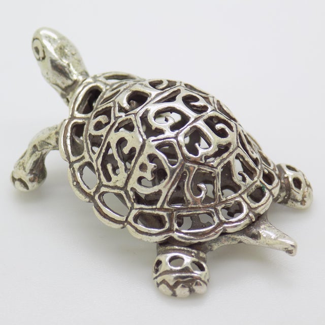 Italian Vintage Italian Handmade Genuine Silver Perforated Turtle Figurine Miniature For Sale - Image 3 of 12