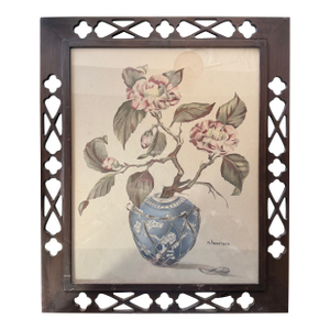 Mid-20c A. Harrison Floral Still Life in Blue Vase — Vintage Framed Print