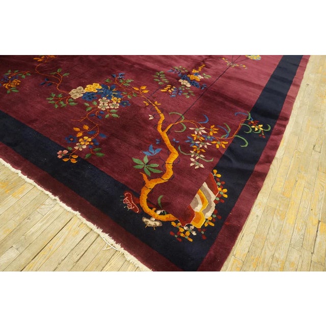 1920s 1920s Red Wine Classic Floral Vase Antique Chinese Art Deco Carpet 9'2" X 11'10" Knotted Pile Wool Rug For Sale - Image 5 of 13
