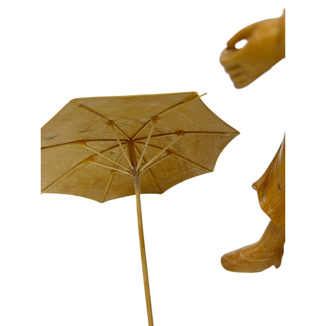 Light Tan Wood Crafted Lady Holding Umbrella Art Figure For Sale In San Francisco - Image 6 of 9