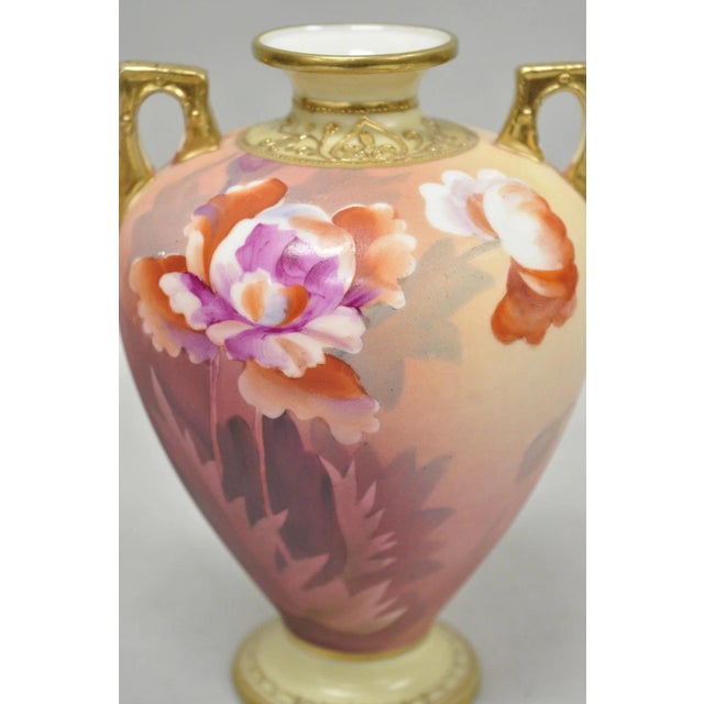 Early 20th Century Antique Nippon Hand Painted Porcelain Small Pink Floral Vase W Gold Twin Handles For Sale - Image 5 of 12