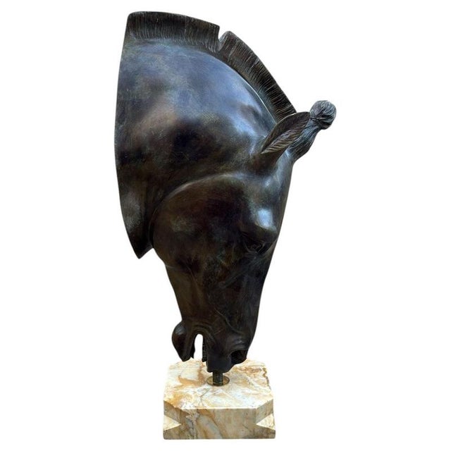 Large Italian Bronze Greek Horse Head Sculpture on Marble Base, 1980s For Sale - Image 6 of 6