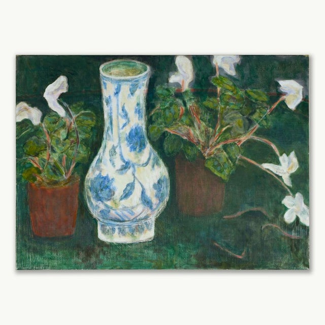 Still Life depicting a blue and white vase with Cyclamen. Signed by the artist in the center right. Jean Hannon grew up in...