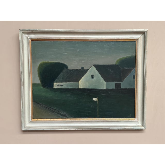 Original scandinavian oil on panel – “houses and trees” by svend o. Frederiksen – signed – vintage & framed – 61 × 48 cm...