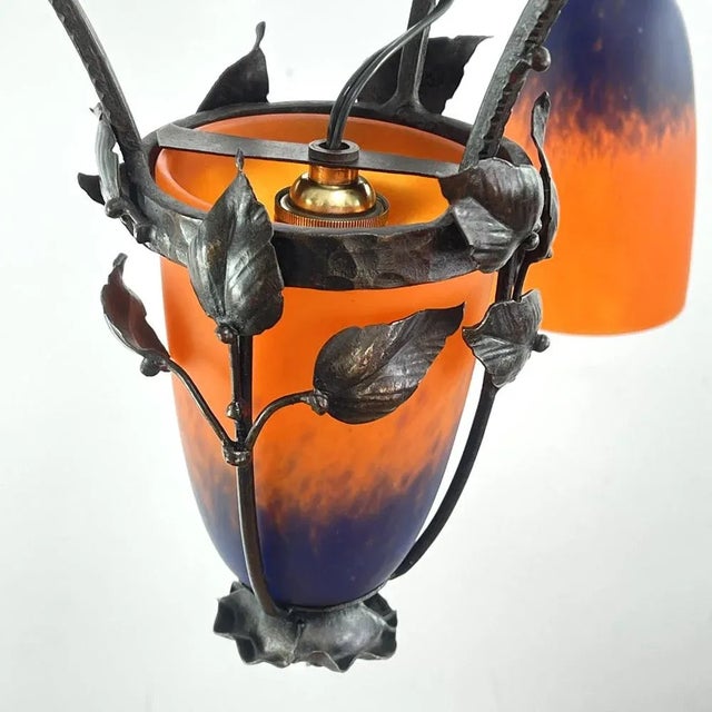 Metal Art Deco Pate De Verre Ceiling Lamp attributed to Schneider, France, 1930s For Sale - Image 7 of 11