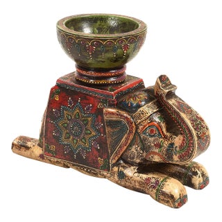Hand Painted Elephant Candle Holder| Indian Boho Tabletop Statue & Candle Stand | Unique Eclectic Royal Trinket Dish Gift | Statuette Bowl For Sale