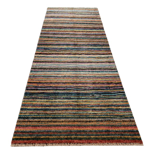 Hand-Knotted Afghan Ethnic Runner Rug with Multicolor Stripes, 2010s For Sale