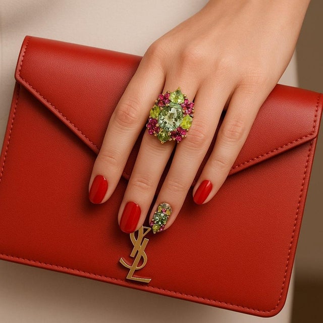 Gemstone Bochic “Orient” Vintage Diamond, Peridot, Tourmaline & Topaz Ring 18K & Silver For Sale - Image 7 of 15