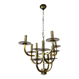 1960s Gaetano Sciolari Mid-Century Modern Brass and Smoked Glass Chandelier For Sale