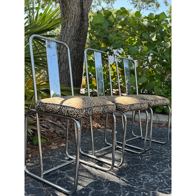 Hollywood Regency 1960s Set of 3 François Arnal for Atelier a Chrome Side Chairs With Custom Animal Print Upholstery For Sale - Image 3 of 12