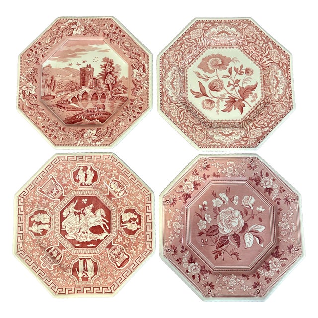 Spode Sutherland Cranberry Octagonal Luncheon Plates From the Archive Collection by Spode - Set of Four For Sale