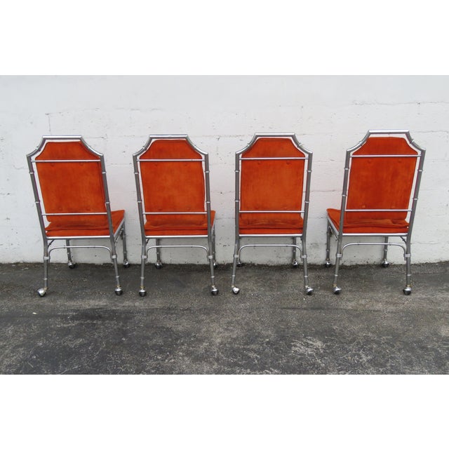 Late 20th Century Chrome Bamboo Glass Top Dining Dinette Table With 4 Chairs on Casters 6289 For Sale - Image 5 of 18