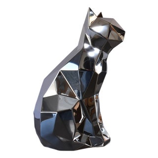Geometric Cat Sculpture in Polished Stainless Steel, 11"x6.5"x15" For Sale