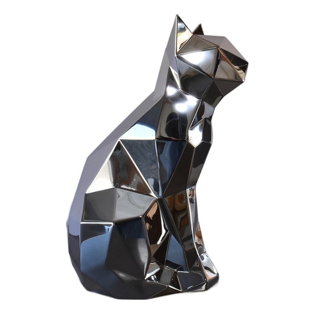 Geometric Cat Sculpture in Polished Stainless Steel, 11"x6.5"x15" For Sale