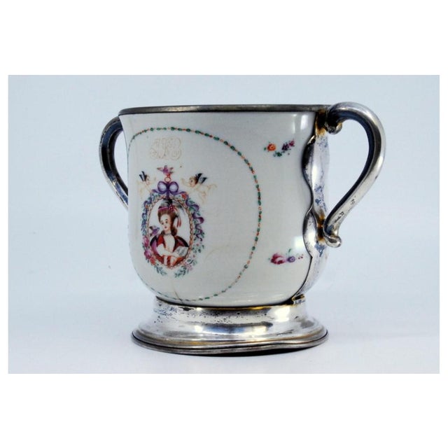 Porcelain Mug with Japanese Motifs, Silver Base, Handles and Rim For Sale - Image 3 of 9