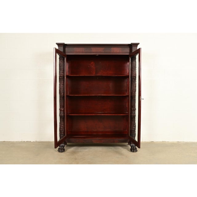 Late 19th Century R. J. Horner Style Antique American Empire Flame Mahogany Glass Front Bookcase Cabinet, Circa 1890s For Sale - Image 5 of 13