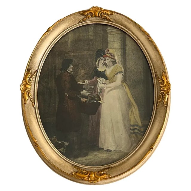 Victorian Vintage Ca 1950s, 18th Century Francis Wheatley’s ‘Cries of London’, Colored Engraving’s Prints in Oval Gilt Frames, a Set of 2 For Sale - Image 3 of 8