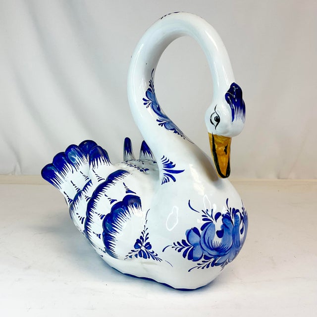 1980s Vintage Mediterranean Portuguese Majolica Swan Centerpiece Vase