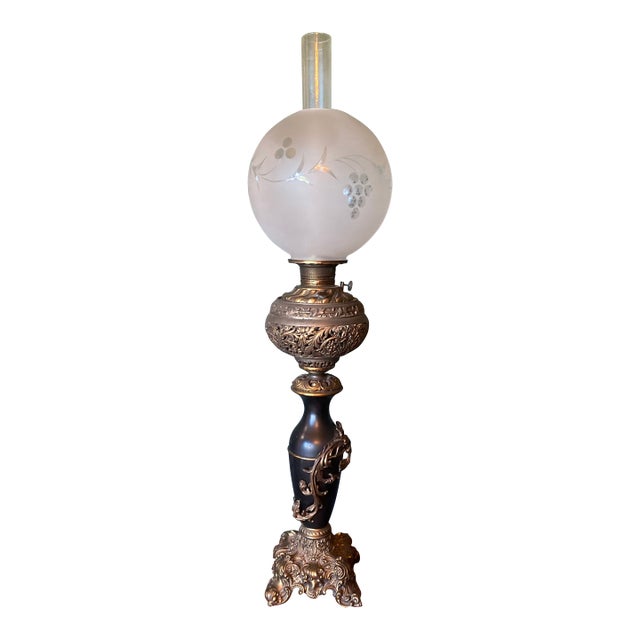 1940s French Victorian Electrified Oil Lamp With Etched Hand Blown Globe and Clear Chimney With Brass Base For Sale